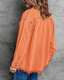 Vetinee Women's Oversized Button Up Frayed Hem Shacket Long Sleeve Pockets Denim Jean Jacket - 橘色 - 查看 2