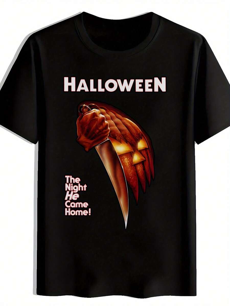Camiseta gráfica de Halloween para hombres - Diseño de calabaza espeluznante; Diseño de cuchillo con texto rojo en negrita. Camiseta Casual Negra de Manga Corta% Poliéster Cuello Redondo para Verano. Fiestas. Fiestas; Regalos. Ropa de Halloween. Conjunto de vacaciones. Camisa de Declaración Construcción duradera. Impresión superior. Entusiastas de las Vacaciones - Negro - Ver 1