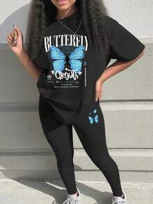 2pcs Girl Fashionable And Inspirational Style Butterfly Print Sportswear Set, Soft And Comfortable, Spring Autumn Daily School Wear - Black - View 1