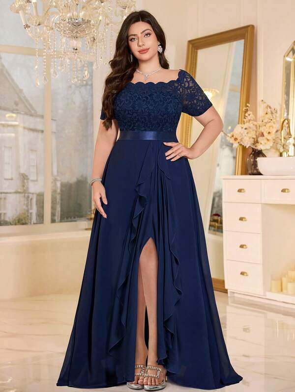 Vestido maxi elegante de fiesta formal con cuello de barco, encaje floral, volantes de contraste y dobladillo de gasa, para graduación, cena, boda, fiesta de bienvenida o baile de graduación