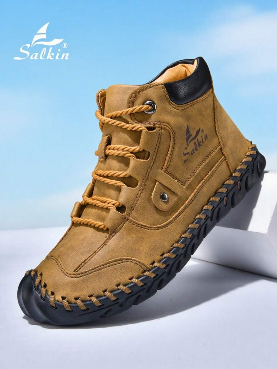 Salkin Botas de moda cosidas a mano para hombres, botas altas con cordones de color marrón simple y elegante, adecuadas para senderismo al aire libre, conducción y uso diario. Una opción imprescindible para hombres exitosos, con plantillas cómodas, suelas de goma duraderas y antideslizantes, y disponibles en varios colores y tallas