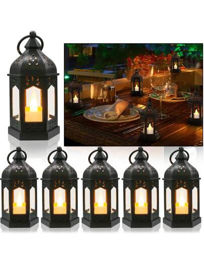 8pcs-Mini Lantern With Flickering LED Candles,Vintage Black Decorative Hanging Candle Lanterns For Halloween,Wedding Decorations,Christmas,Table Centerpiece,Battery Included
