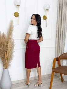 Women's Straight Midi Skirt In Laise Lined With Back Slit And Rear Zipper Simple Elegant Evangelical Fashion Wedding - 紅木色 - 查看 3