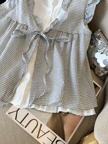 可爱荷叶边休闲女式上衣，系带前开襟二合一韩版盖袖 T 恤，返校季