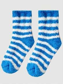 1Pair Women Khaki Socks With White Stripes Winter Cozy Warmly Soft Fuzzy Socks Comfort Fluffy Anklet Crew Socks