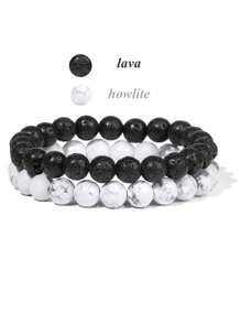 2 件天然石串珠配对手链 8 毫米情侣距离能量手链玛瑙绿松石宝石弹力手镯首饰套装男女礼物 - 彩色 - 查看 19