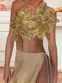 One Shoulder Flower Tops For Women Summer  Backless Slim Fit Sleeveless Crop Vest - Gold - View 5