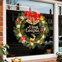 1pc 45cm*45cm Christmas Decoration, Includes Bells, Bows, Lights, Reindeer Combination Wreath Shape Christmas Sticker, Whole Sheet PVC Static Cling Film, Easy To Apply On Glass, Reusable Christmas Decor Christmas Decorations Room Decor Home Decor Wall Decor