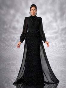 YISIKADO Elegant 3D Flower Chiffon High Neck Lantern Sleeve Long Dress Wedding Guest Formal Dress Modest Women Dresses - 黑色 - 查看 1