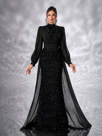 YISIKADO Elegant 3D-blomma chiffongklänning med hög hals och lanternärm för bröllopsgäster, formell klänning, blygsamma kvinnor