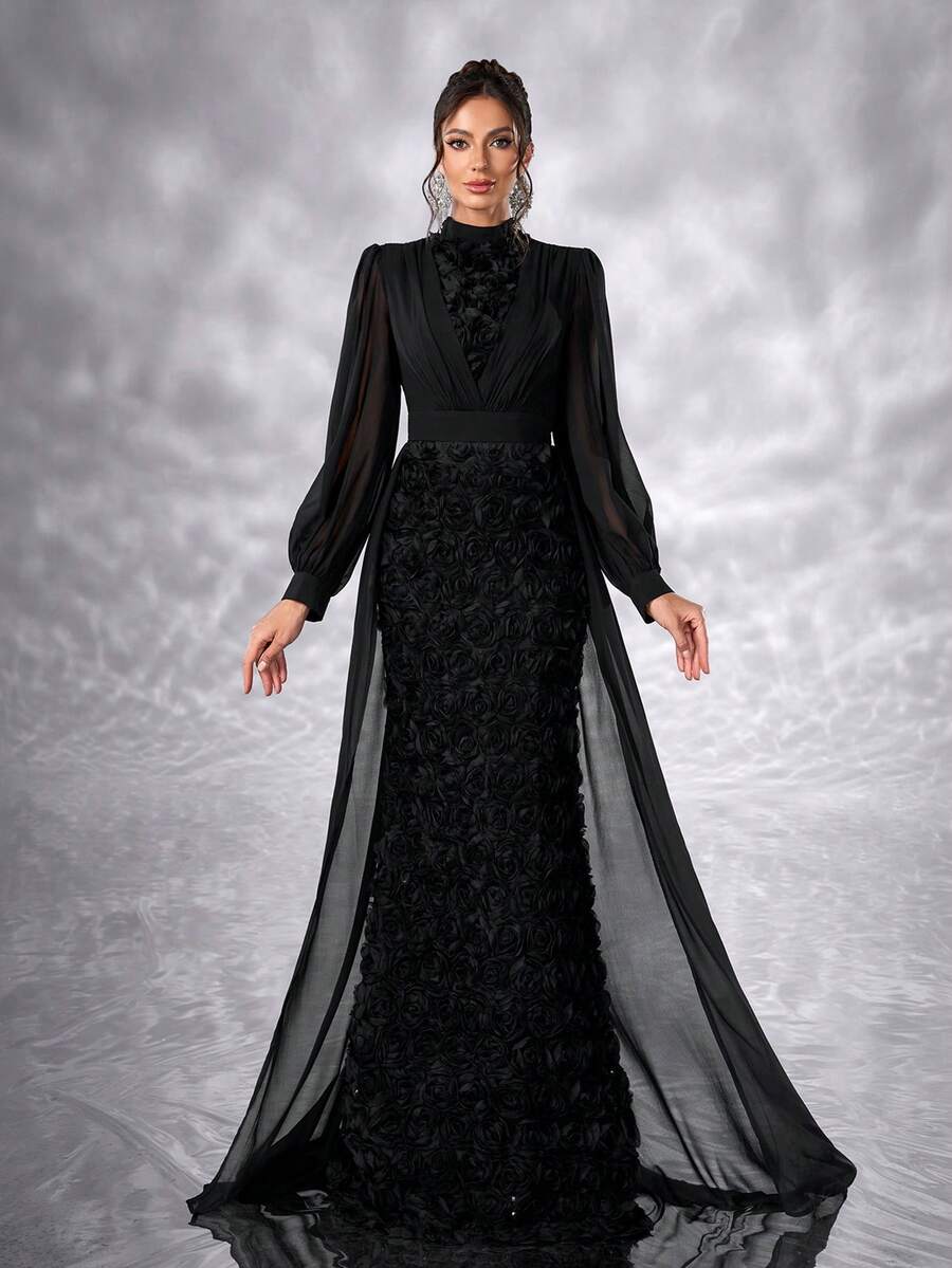 YISIKADO Elegant 3D Flower Chiffon High Neck Lantern Sleeve Long Dress Wedding Guest Formal Dress Modest Women Dresses - 黑色 - 查看 1