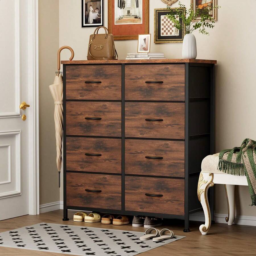 Dresser For Bedroom With 8 Drawers Tall Dresser & Chest Of Drawers Fabric Dresser With Wood Top And Sturdy Steel Frame - 鏽棕色 - 查看 1
