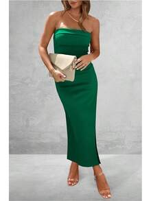 Women's Summer Bodycon Maxi Tube Dress Ribbed Strapless Side Slit Long Going Out Casual Elegant Party DressesHalloween Christmas New Year - 綠色 - 查看 4