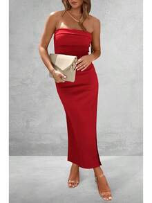 Women's Summer Bodycon Maxi Tube Dress Ribbed Strapless Side Slit Long Going Out Casual Elegant Party DressesHalloween Christmas New Year - 紅色 - 查看 4