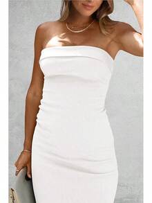 Women's Summer Bodycon Maxi Tube Dress Ribbed Strapless Side Slit Long Going Out Casual Elegant Party DressesHalloween Christmas New Year - 白色 - 查看 5