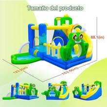 Castillo hinchable para uso en interior y exterior, equipado con tobogán, piscina de bolas y rocódromo, así como un muñeco hinchable de gorila con soplador de aire y un castillo hinchable con temática de puente de rana. - Verde - Ver 2