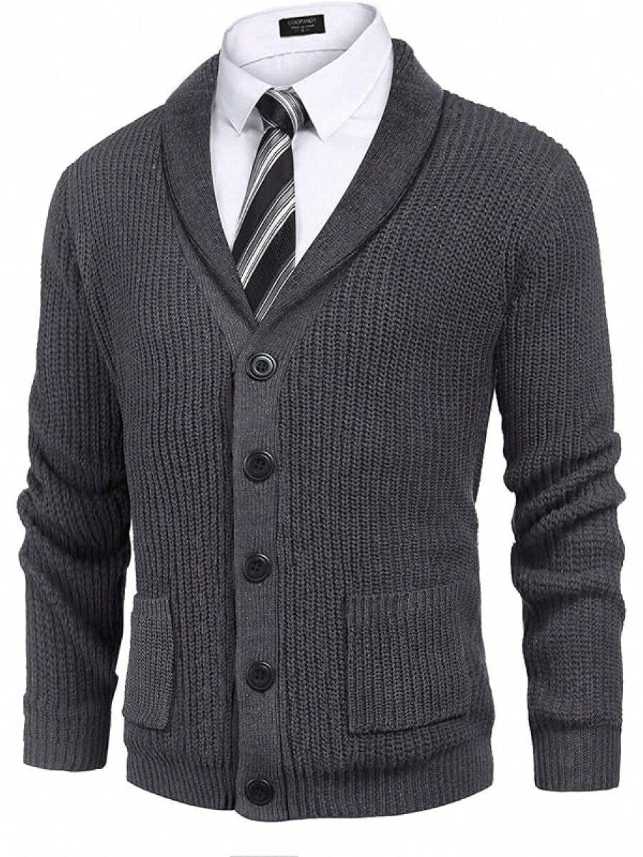 Suéter de Hombre de Punto de Cable con Detalle de Botones y Bolsillos - Gris Oscuro - Ver 1