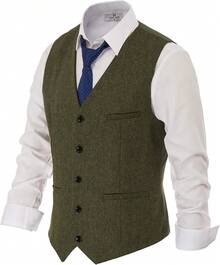 PJ  Men's Herringbone Tweed Suit Vest Casual Wool Blend Waistcoat - 軍綠色 - 查看 1