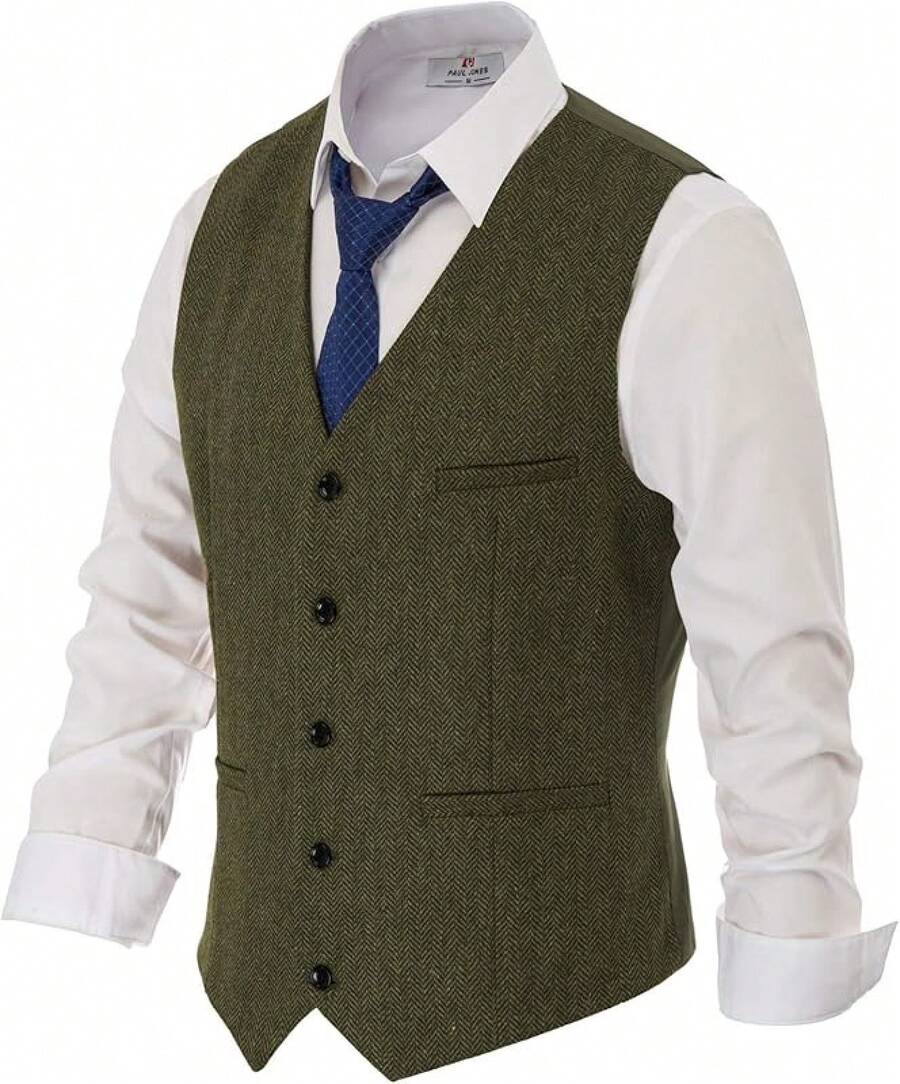 PJ Men's Herringbone Tweed Suit Vest Casual Wool Blend Waistcoat - 軍綠色 - 查看 1