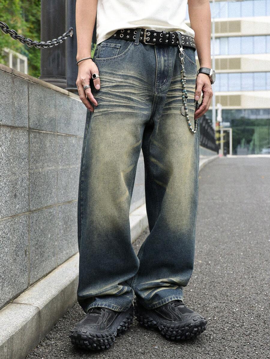 Y2K复古风男士蓝色水洗直筒宽松牛仔裤，送给老公或男友的完美礼物 - 藍色 - 查看 1