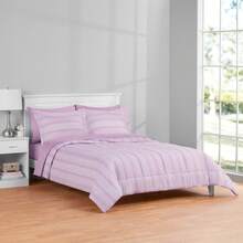 7-Piece Reversible Bed In A Bag Comforter Set With Sheets, Blue Floral, Queen - Purple Stripe - 查看 1
