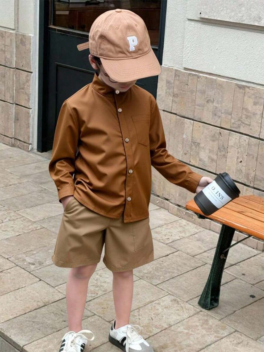 CAMISA PARA NIÑO CUELLO MAO , CON MANGA LARGA BOTONES AL FRENTE ,BOLSA EN EL COSTADO - Bronce - Ver 1