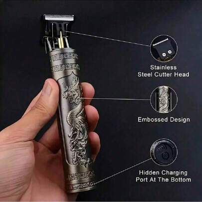 可充电多功能理发器，300mAh锂电池。小巧便携，不锈钢刀片，刀片可水洗，包含4个修剪附件，机身压纹设计，底部隐藏式充电口，可精准修剪和造型，男女通用，适用于家庭和专业沙龙使用。