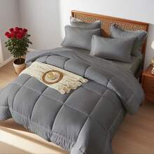 100% Microfiber 7 Pieces Chic Bed Comforter Set, Designed With Geometric Quilting, Suitable For Hotel Bedroom Room Decor, Suitable For All Four Seasons, Soft And Comfortable Summer Bedding Set, Including 1 Comforter, 4 Pillowcases, 1 Flat Sheet And 1 Fitted Sheet. - Màu xám đen - Xem 4