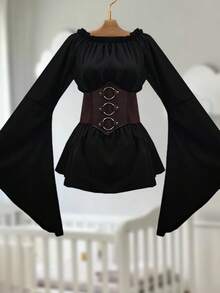 Women's Victorian Style Blouse - Long Sleeve Corset Top For Theme Parties - Black - View 2