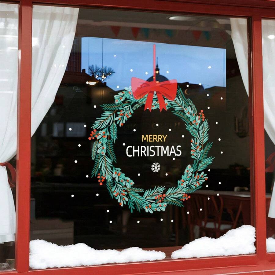 1pc 45cm*45cm Christmas Wreath Decorative Sticker, PVC Static Cling Film, Christmas Window Decal, Christmas Party Supplies, Suitable For Holiday Decoration
