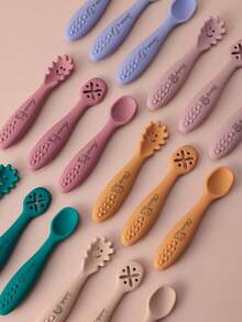 Juego de 3 piezas de vajilla para bebé con personalización de patrón y nombre, cuchara y tenedor de entrenamiento mini de silicona, herramientas de alimentación para bebé, artículos esenciales de vajilla - Multicolor - Ver 4
