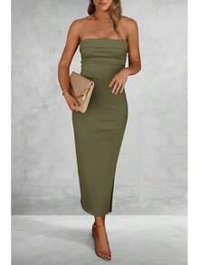 Women's Summer Bodycon Maxi Tube Dress Ribbed Strapless Side Slit Long Going Out Casual Elegant Party DressesHalloween Christmas New Year - 淺軍綠色 - 查看 8