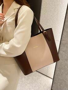 大容量休闲手提包，拼色设计配字母金箔装饰，可调节肩带，女士百搭通勤包 - 彩色 - 查看 8