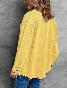 Vetinee Women's Oversized Button Up Frayed Hem Shacket Long Sleeve Pockets Denim Jean Jacket - 金子 - 查看 2