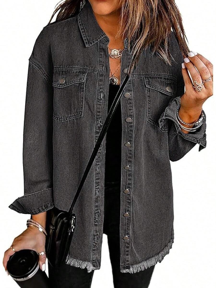 Chaqueta de jean con botones, dobladillo deshilachado, mangas largas y bolsillos para mujer, de talla grande - Gris ahumado - Ver 1