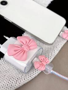 5pcs/Set Bow-Knot Design [European Version 20W Charger Protector] Clear Charging Port Cover & Anti-Break Cable Protector For IPhone11/12 13/14/15/16 Pro Max/Plus | 2-In-1 Protective Case Combo