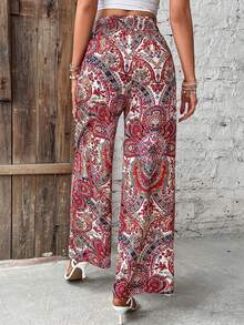 Women's High-Waisted Wide-Leg Pants, Summer Fashion, Versatile, Printed, Elastic, Casual, Suitable For Beach Dates - 紅色 - 查看 4