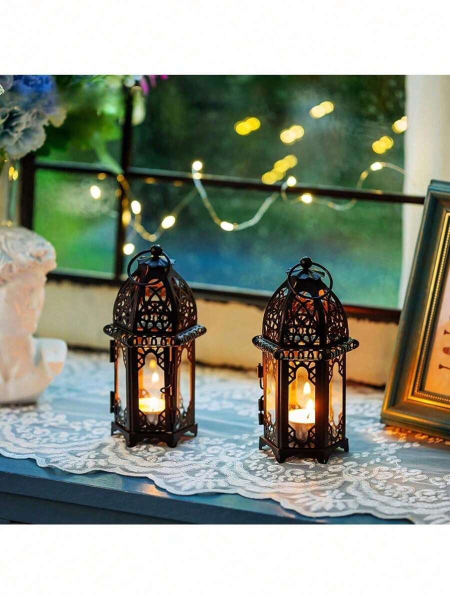 1 件小尺寸黑色摩洛哥风格蜡烛灯笼，小尺寸茶蜡烛台，带透明玻璃面板，非常适合庭院、室内/室外、活动、拉玛、派对和婚礼拉玛礼物生日毕业 E-I-D、生日装饰、卧室装饰
