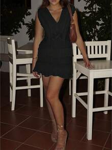 Jacquard V-Neck Tassel Textured A-Line Dress, Vacation Style, Party & Other Occasions - Black - View 2