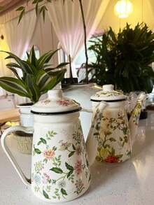 1pc/2pcs Colorful Enameled Coffee/Tea Pot, 1.2L Delicate Enamel Coffee Pot, Handle Pot Coffee Pot, Slim Spout Oil Pot Kettle, Family Boiling Pot, Tea Pot, Gift Pot For Home, Cafe, Party, Household Decor, Small Items Storage Bowl, Coffee Beans, Tea Leaves Storage, Tea Set Accessories, Thick Manual Tilting Water Pot, Floral Pattern Tea Pot, For Electric Or Gas Stove Coffee/Tea Brewing