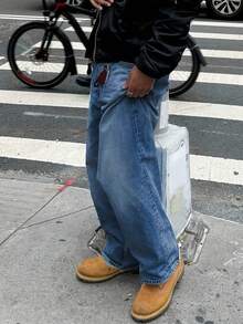 男士水洗宽松直筒牛仔裤 - 中等水洗藍 - 查看 3