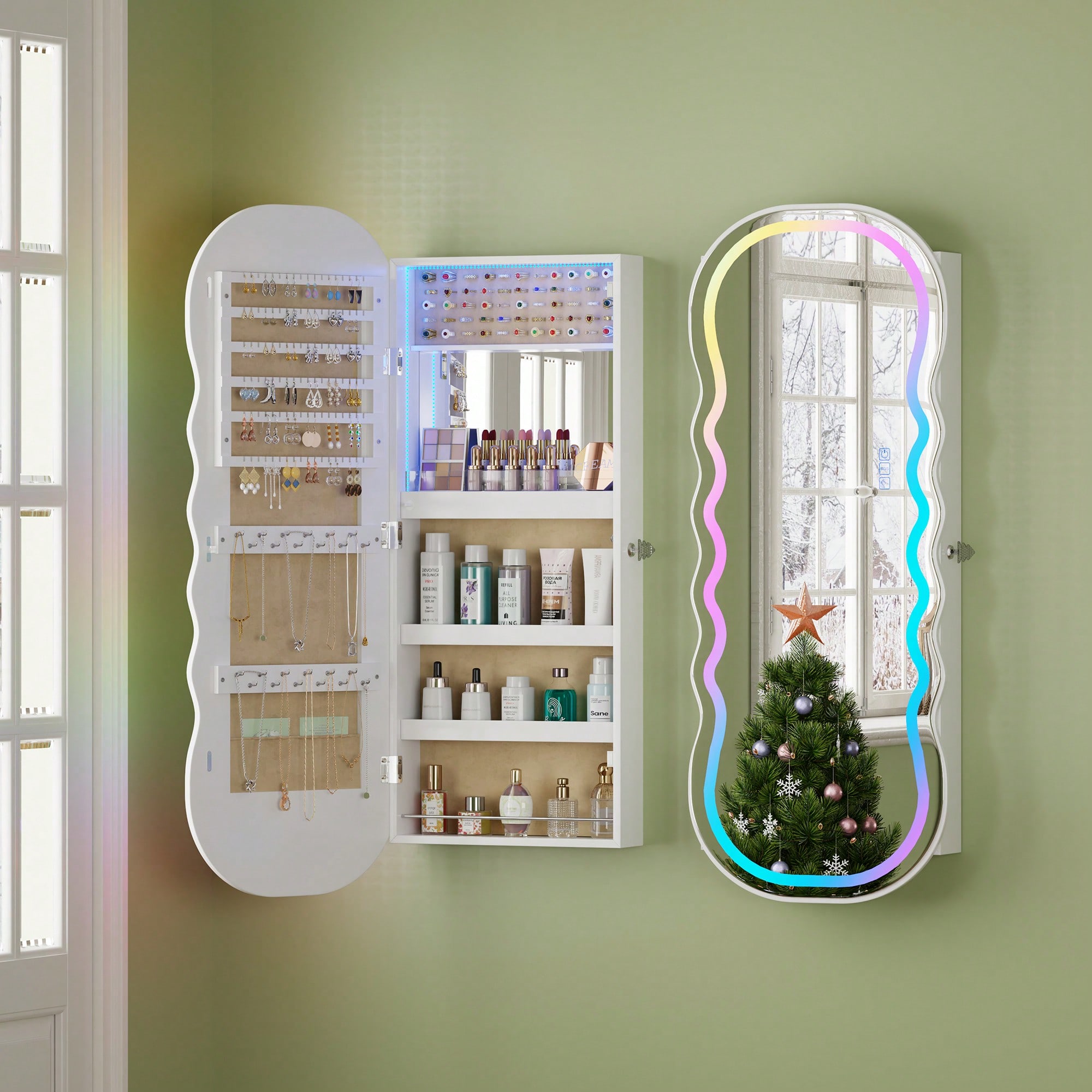 HNEBC LED Mirror Jewelry Cabinet With RGB Lights,42.5" Wall Mounted Jewelry Organizer With Full-Length Mirror,Over The Door Hanging Jewelry Armoire Storage Cabinet,Lockable,Wide Wavy Mirror