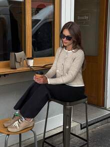 SEREN 法式圆领修身长袖针织开衫，新款女士秋冬毛衣 - 米色 - 查看 2