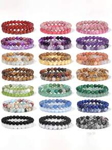 2 件天然石串珠配对手链 8 毫米情侣距离能量手链玛瑙绿松石宝石弹力手镯首饰套装男女礼物 - 彩色 - 查看 1