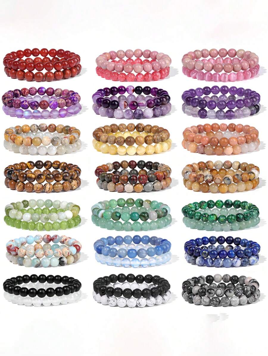 2 件天然石串珠配对手链 8 毫米情侣距离能量手链玛瑙绿松石宝石弹力手镯首饰套装男女礼物 - 彩色 - 查看 1