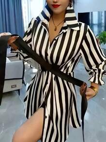Women's Casual Commuter Striped Mid-Length Shirt, Lapel Flared Sleeves, Button Front Ruffle Detail, Polyester Fabric - Black - View 3