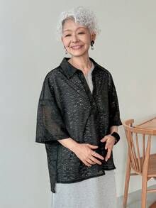 FRIFUL Camisa holgada de mujer de unicolor con hombros caídos y encaje transparente - Negro - Ver 3
