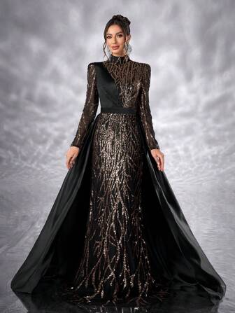 YISIKADO 女士优雅奢华亮片拼接缎面高领长袖斗篷礼服，派对晚礼服