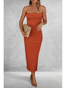 Women's Summer Bodycon Maxi Tube Dress Ribbed Strapless Side Slit Long Going Out Casual Elegant Party DressesHalloween Christmas New Year - 鐵鏽紅 - 查看 7