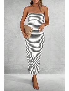 Women's Summer Bodycon Maxi Tube Dress Ribbed Strapless Side Slit Long Going Out Casual Elegant Party DressesHalloween Christmas New Year - 條紋白黑 - 查看 3